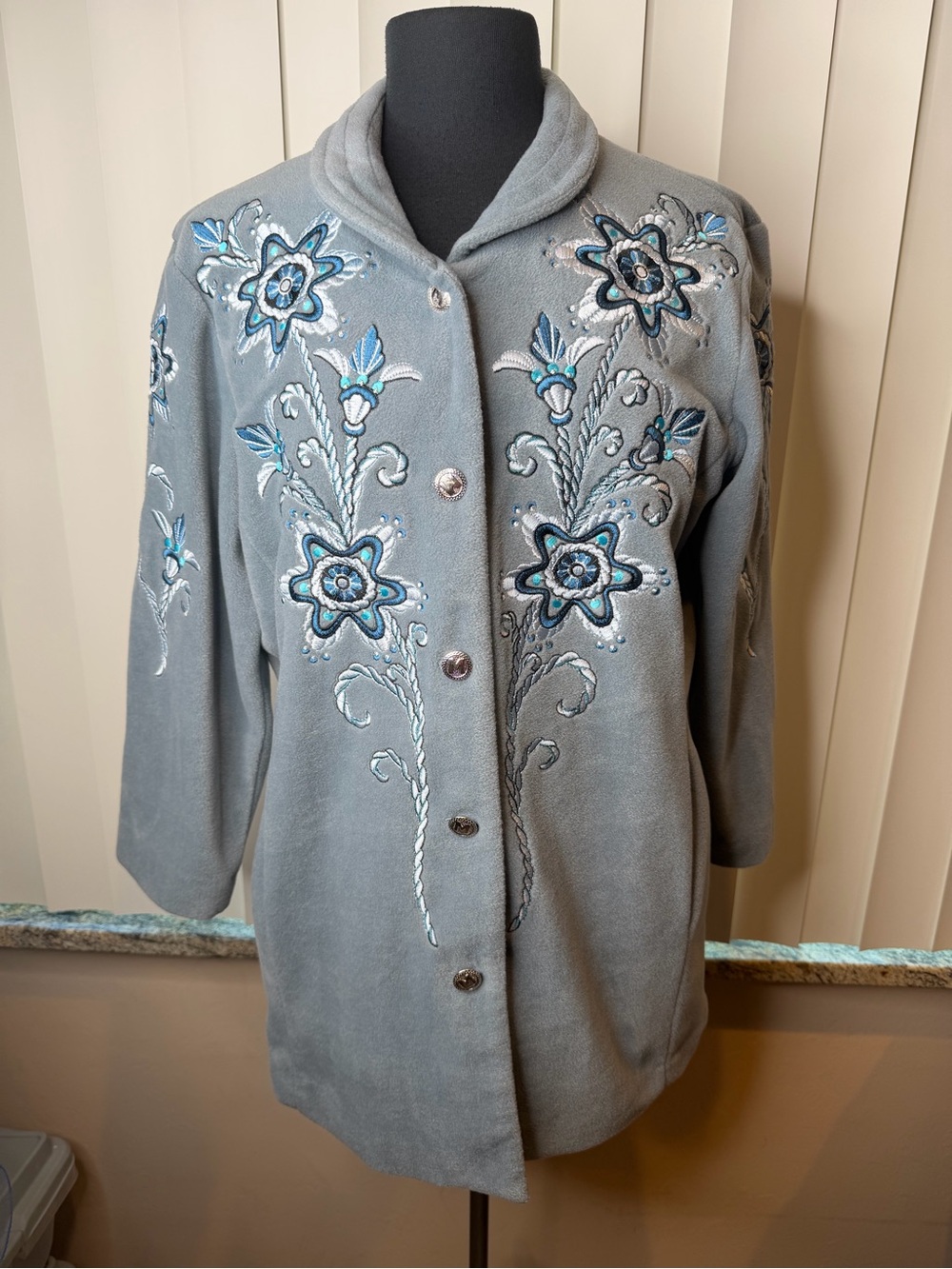 Bob Mackie Wearable Art fleece jacket blue floral embroidery silver buttons SZ S